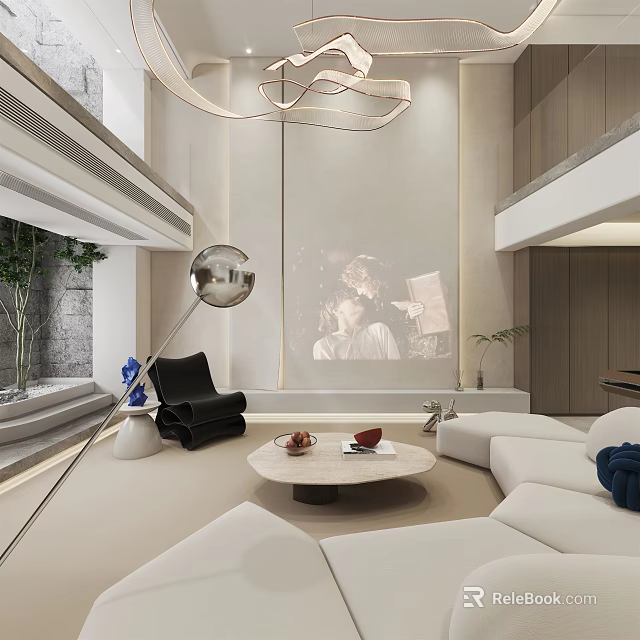Modern Basement Interior Design With Comfortable Sofa Coffee Table Projector Screen And Lighting 3d model 