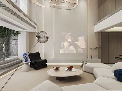 Modern Basement Interior Design With Comfortable Sofa Coffee Table Projector Screen And Lighting 3d model