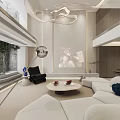 Modern Basement Interior Design With Comfortable Sofa Coffee Table Projector Screen And Lighting