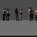 Multiple People Standing Interacting in Casual Attire With Bags on Neutral Background
