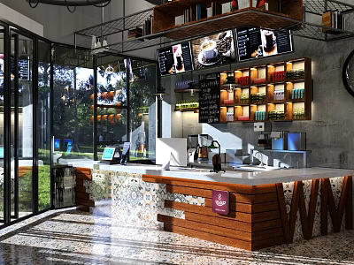 Modern Internet Cafe Interior With Bar Counter Screens And Beverage Shelves 3d model