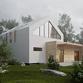 Modern Detached Villa White Exterior Large Glass Windows Wooden Porch Surrounded by Trees
