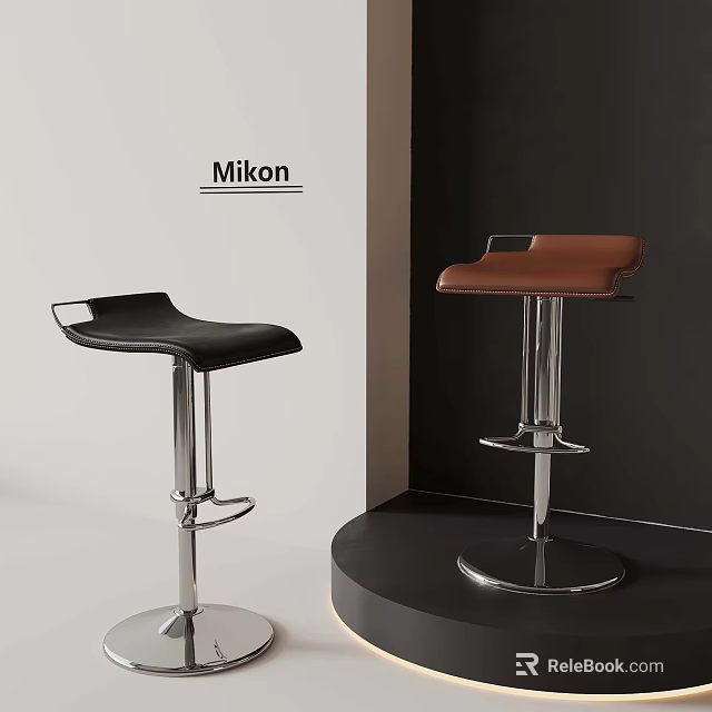 Modern Adjustable Bar Stools With Black And Brown Leather Seats And Metal Bases 3d model 
