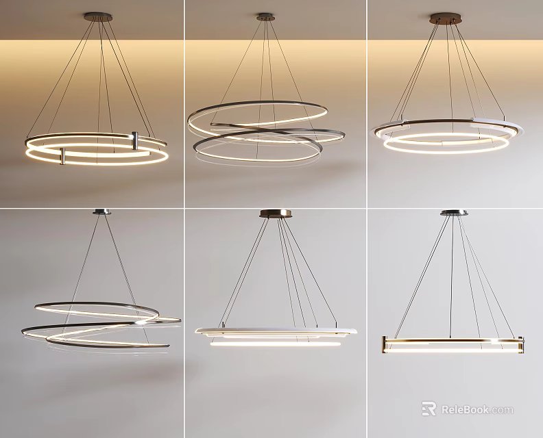 Modern Circular Pendant Lighting Combinations With Sleek Metal Frames And Soft LED Glow 3d model 