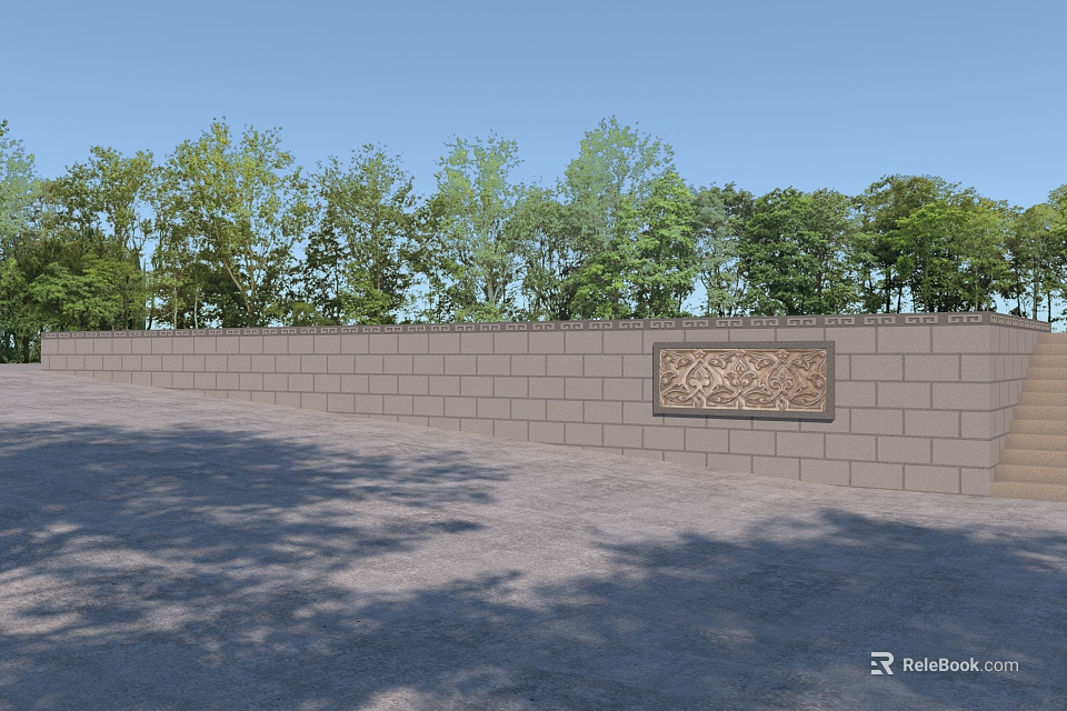 Gray Brick Garden Wall With Carved Decorative Panel And Green Trees Background 3d model 