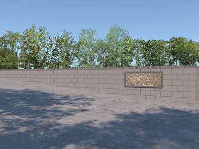 Gray Brick Garden Wall With Carved Decorative Panel And Green Trees Background 3d model