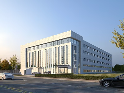 Modern Industrial Factory Building Large Glass Windows White Facade Green Trees Parking Clear Sky 3d model