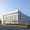 Modern Industrial Factory Building Large Glass Windows White Facade Green Trees Parking Clear Sky
