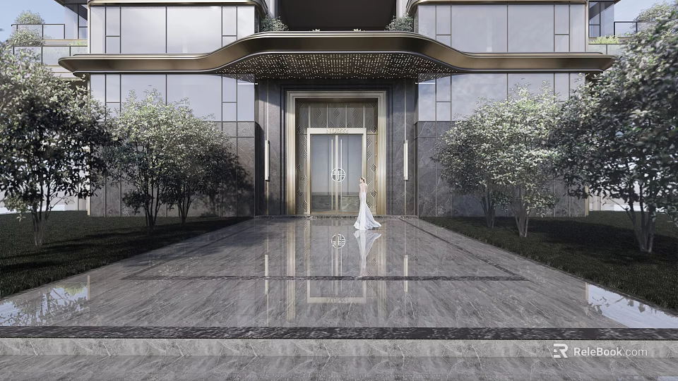 Modern Residential Building Entrance With Glass Door Marble Pavement And Trees 3d model 