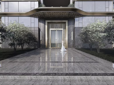 Modern Residential Building Entrance With Glass Door Marble Pavement And Trees 3d model