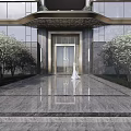 Modern Residential Building Entrance With Glass Door Marble Pavement And Trees