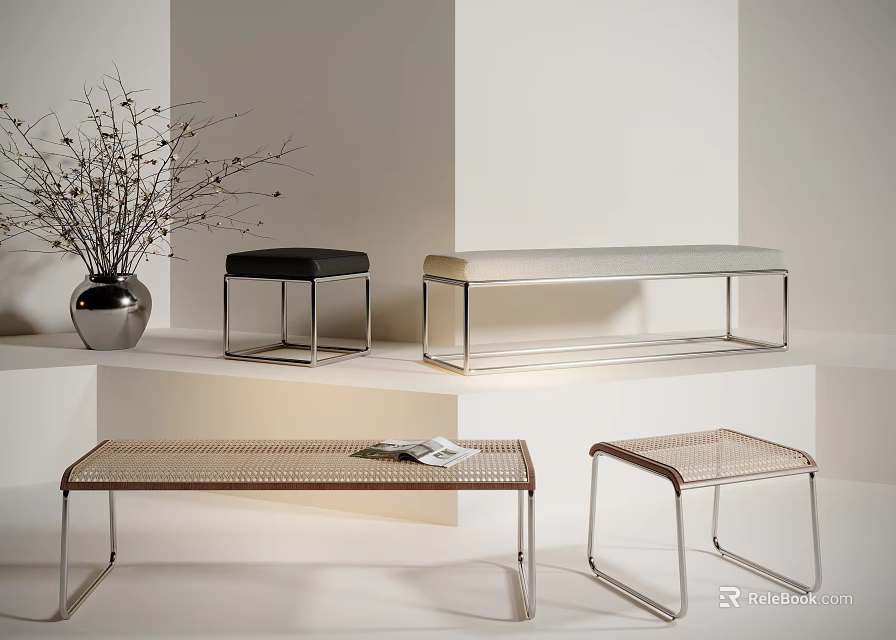 Stylish Contemporary Stools Featuring Metal Frames Woven Seats And Leather Cushion Designs 3d model 