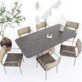 Modern Natural Wooden Dining Table Set With Rattan Chairs Pendant Lights And Potted Plant