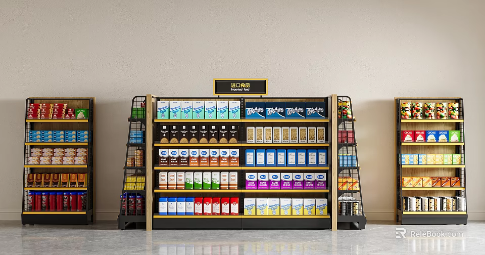 Retail Display Shelves Neatly Arranged With Colorful Packaged Foods And Beverages In Store 3d model 