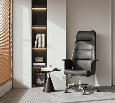 Black High Back Leather Office Chair With Armrests Swivel Base In Bright Modern Study Room 3d model