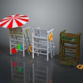 Three Different Lifeguard Stools With Red White Striped Umbrella And Lifebuoy
