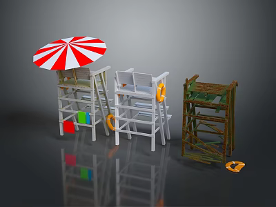 Three Different Lifeguard Stools With Red White Striped Umbrella And Lifebuoy 3d model