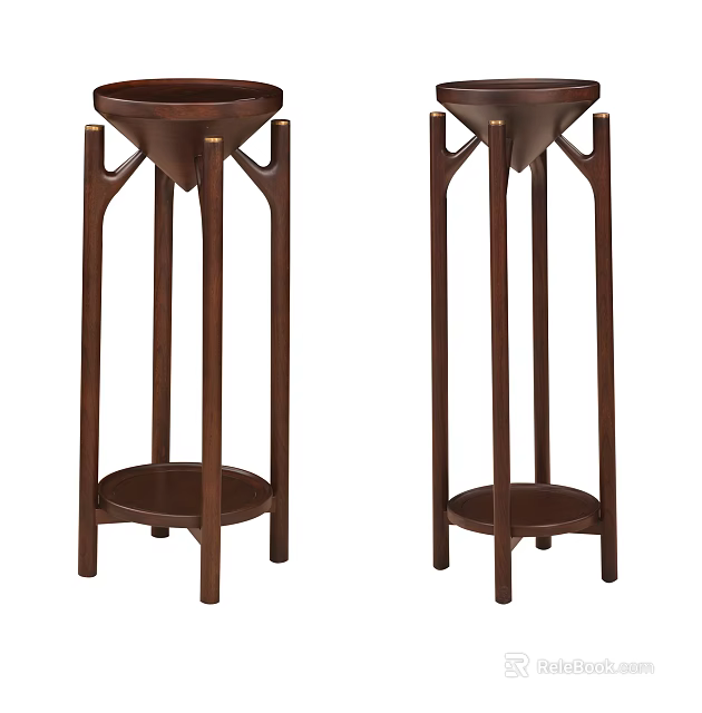Brown Wooden Garden Plant Stands With Tall Legs And Round Tray Base Design 3d model 