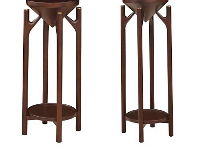 Brown Wooden Garden Plant Stands With Tall Legs And Round Tray Base Design 3d model