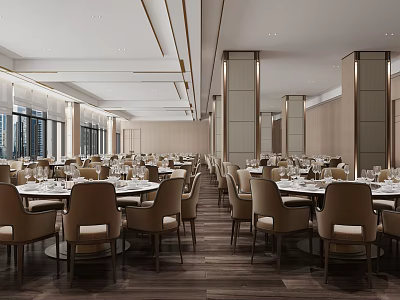 Spacious Elegant Banquet Hall Interior With Round Tables And Chandeliers 3d model