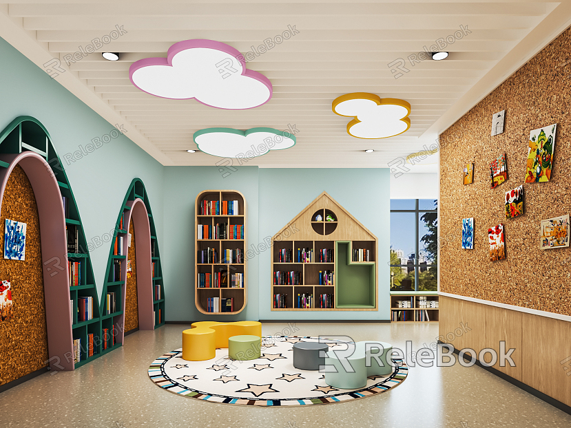 Modern Kindergarten Kindergarten Reading Room Entertainment Room Bookcase Children's Table and Chair Blackboard Wall Children's Reading Room Book Bar model