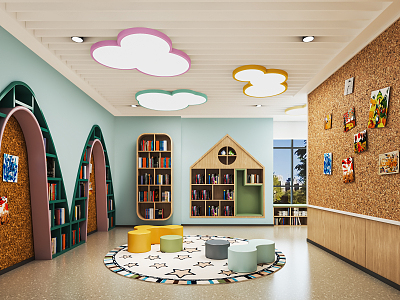 Modern Kindergarten Reading Room Entertainment Room Bookcase Children's Table and Chair Blackboard Wall Children's Reading Room Book Bar 3d model