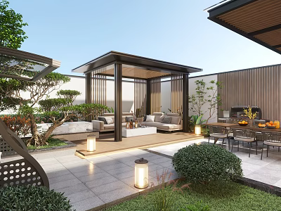 Elegant Modern Garden Landscape Design With Wooden Pavilion Sofa Seating Dining Tables And Green Plants 3d model