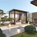 Elegant Modern Garden Landscape Design With Wooden Pavilion Sofa Seating Dining Tables And Green Plants
