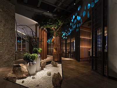 Elegant Hotel Corridor With Green Plants White Vases Stones Pebbles Wooden Elements And Blue Lights 3d model