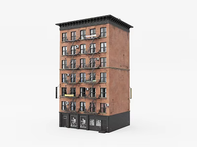 Multi Story Brick Building Featuring Multiple Windows Balconies And Ground Floor Storefronts 3d model