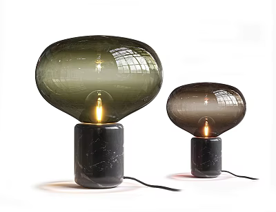 Two Modern Table Lamps With Dark Glass Globes Black Marble Bases And Lit Bulbs 3d model