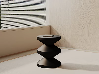 Modern Black Spiral Side Table by Window with Blinds and Light Wood Wall 3d model