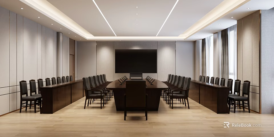 Modern Conference Room Interior With Large Screen Long Table Black Chairs And Wooden Floor 3d model 