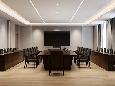 Modern Conference Room Interior With Large Screen Long Table Black Chairs And Wooden Floor 3d model
