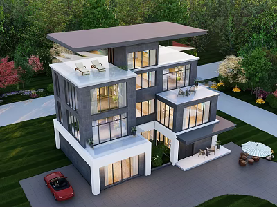 Modern Detached Villa Exterior Featuring Large Windows Balconies And Lush Greenery 3d model