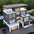 Modern Detached Villa Exterior Featuring Large Windows Balconies And Lush Greenery