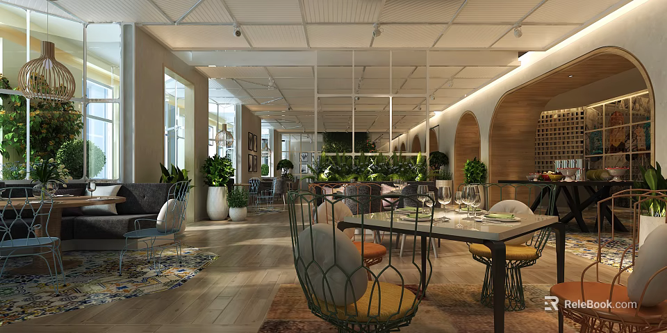 Modern Restaurant Interior With Open Layout Green Plants And Decorative Chairs 3d model