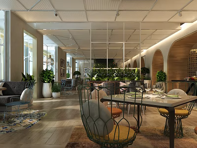 Modern Restaurant Interior With Open Layout Green Plants And Decorative Chairs 3d model