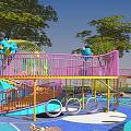 Kids Playground With Colorful Flooring Curved Slides Circular Structures And Trees