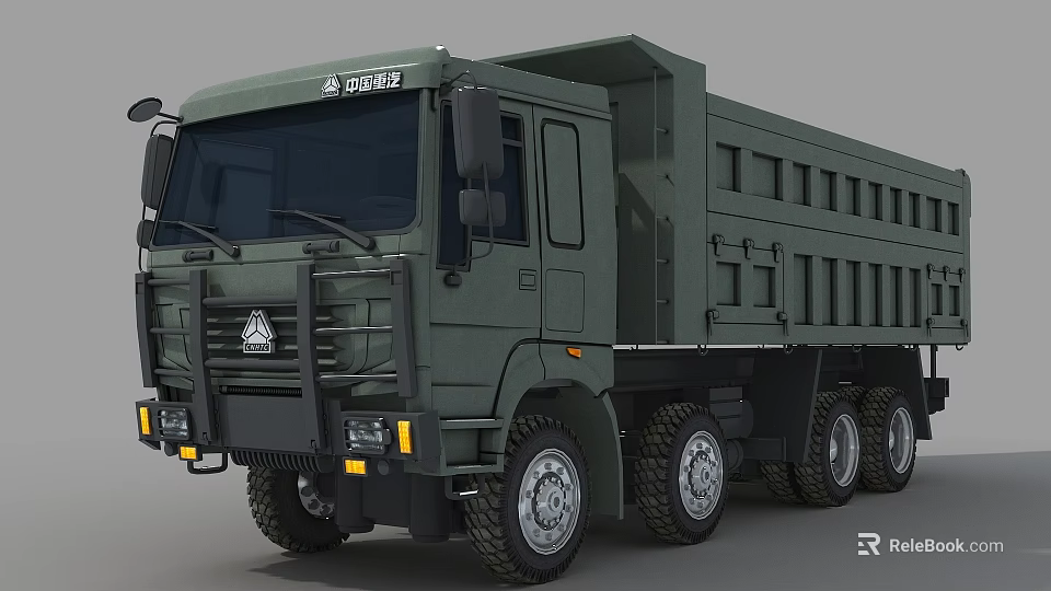 Military Green Heavy Duty Utility Truck With Multi Axle And Large Cargo Transport Bed 3d model 