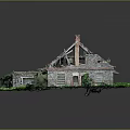 Architectural Model of Ruined Structure With Red Roof Green Grass and Stone Walls