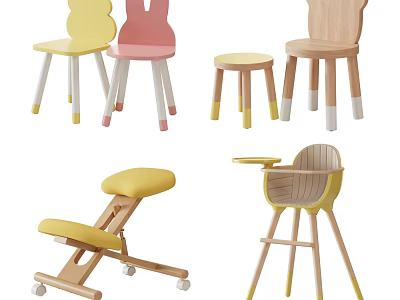 Colorful Wooden Children's Chairs With Rabbit Shape High Chair Yellow Pink And Rolling Design 3d model