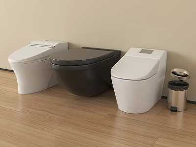 Three Black and White Toilets on Wooden Floor with Lid Trash Can Against Light Wall 3d model