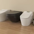 Three Black and White Toilets on Wooden Floor with Lid Trash Can Against Light Wall