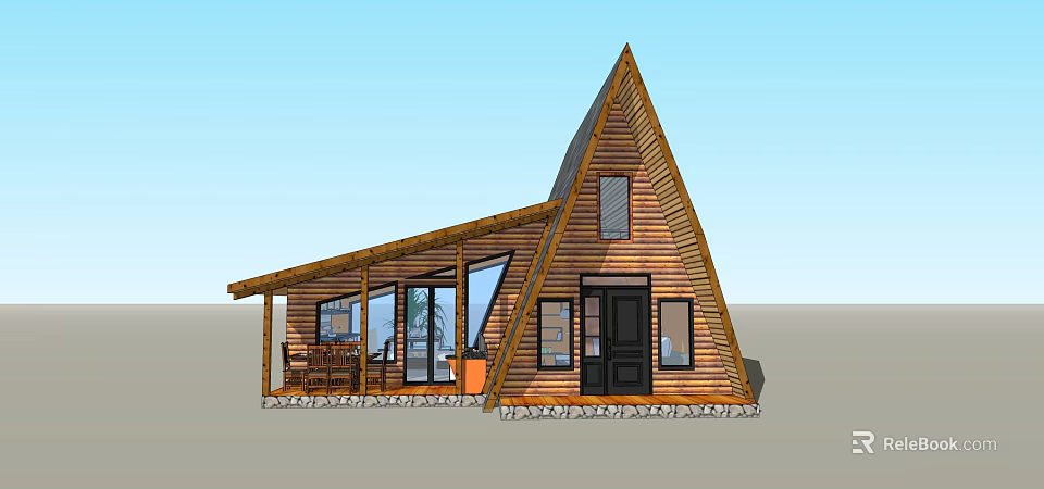 Vacation Rental House With Triangular Roof Wooden Structure Large Glass Windows Patio And Stone Base 3d model 