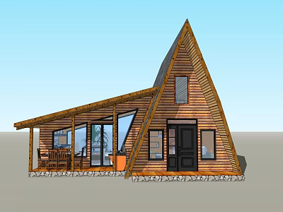 Vacation Rental House With Triangular Roof Wooden Structure Large Glass Windows Patio And Stone Base 3d model