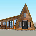 Vacation Rental House With Triangular Roof Wooden Structure Large Glass Windows Patio And Stone Base