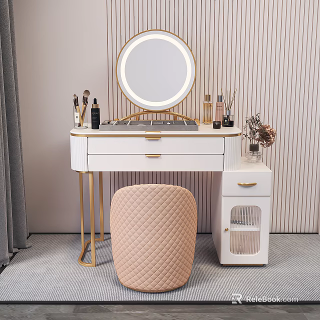 Modern White Dressing Table With Round Lighted Mirror Gold Legs Drawers And Upholstered Chair 3d model 