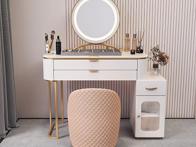 Modern White Dressing Table With Round Lighted Mirror Gold Legs Drawers And Upholstered Chair 3d model