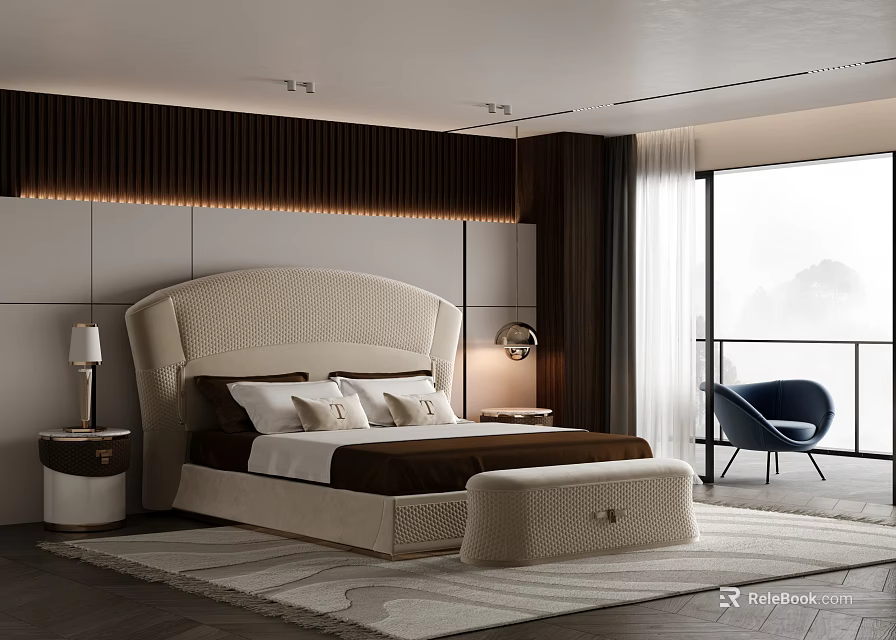 Modern Bedroom Interior With Beige Upholstered Bed Bench Bedside Lamp Blue Chair And Mountain View 3d model 